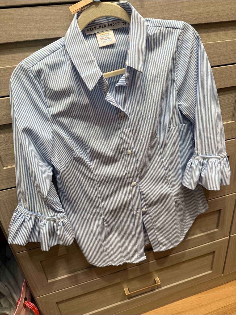 Gretchen Scott Blue & White Stripe Ruffle Sleeve Button-Up
